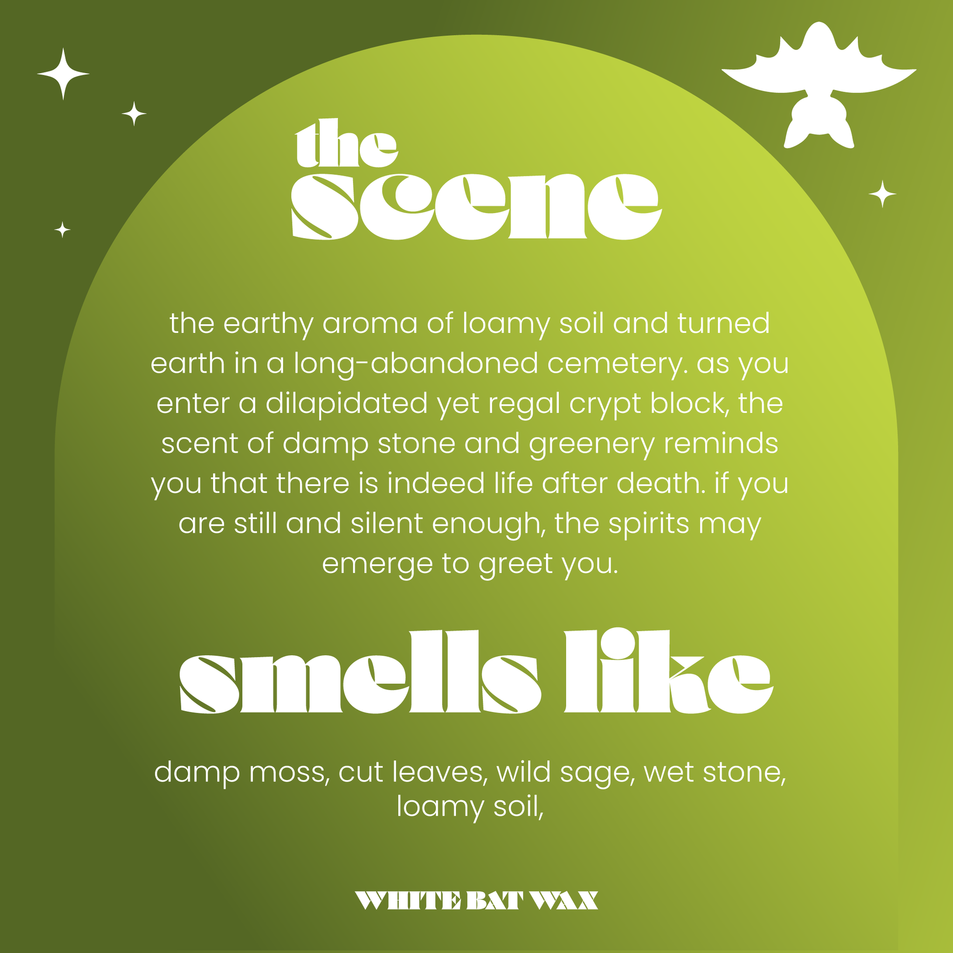 Crypt Moss wax loamy soil, wet stone, cemetery scented wax melts and candles.