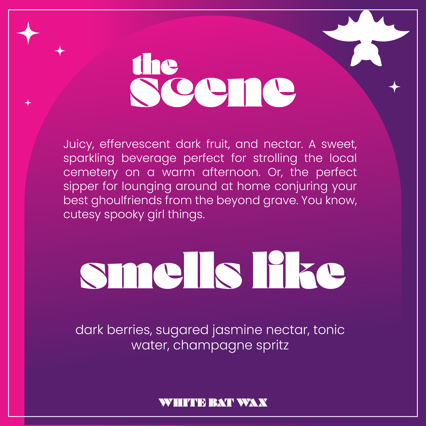 Spooklette goth girl candles and wax melts. Scent of a sweet, fizzy, sparling dark berry beverage.